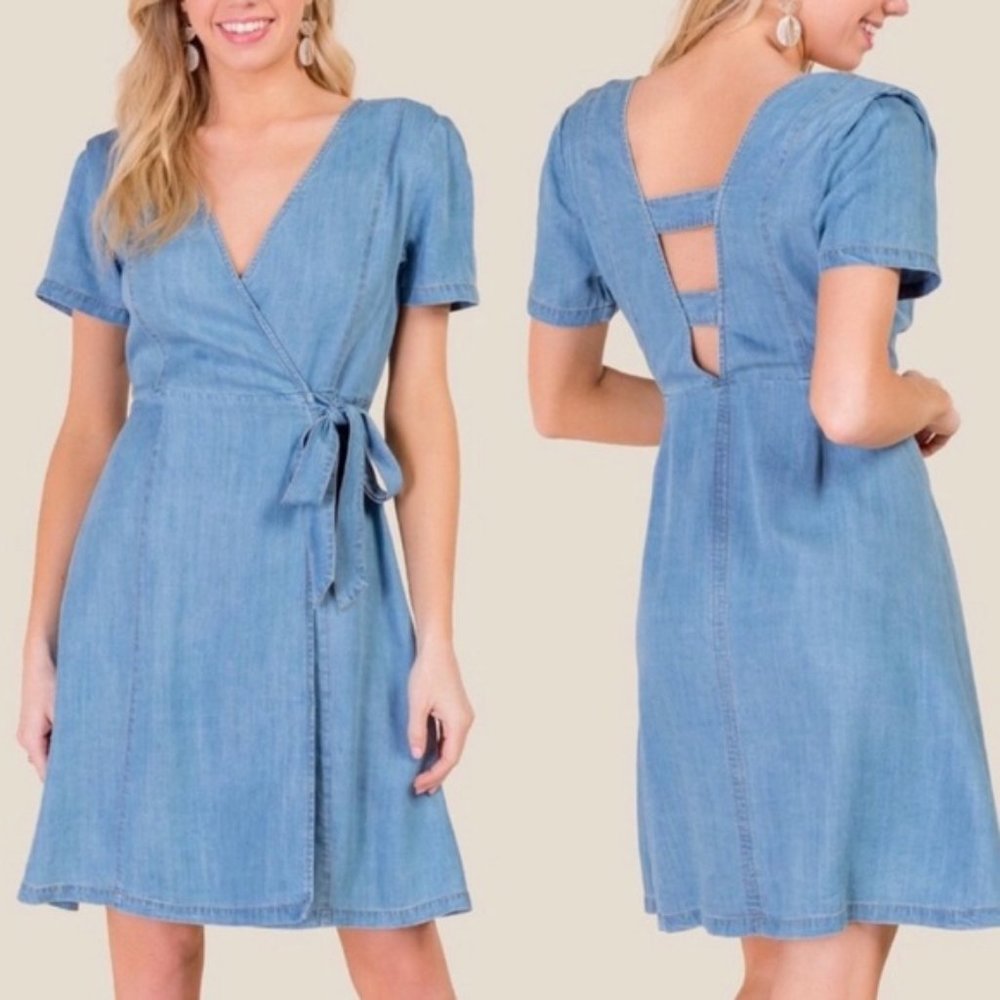 Francesca's Light Blue Soft "Denim" Wrap Dress